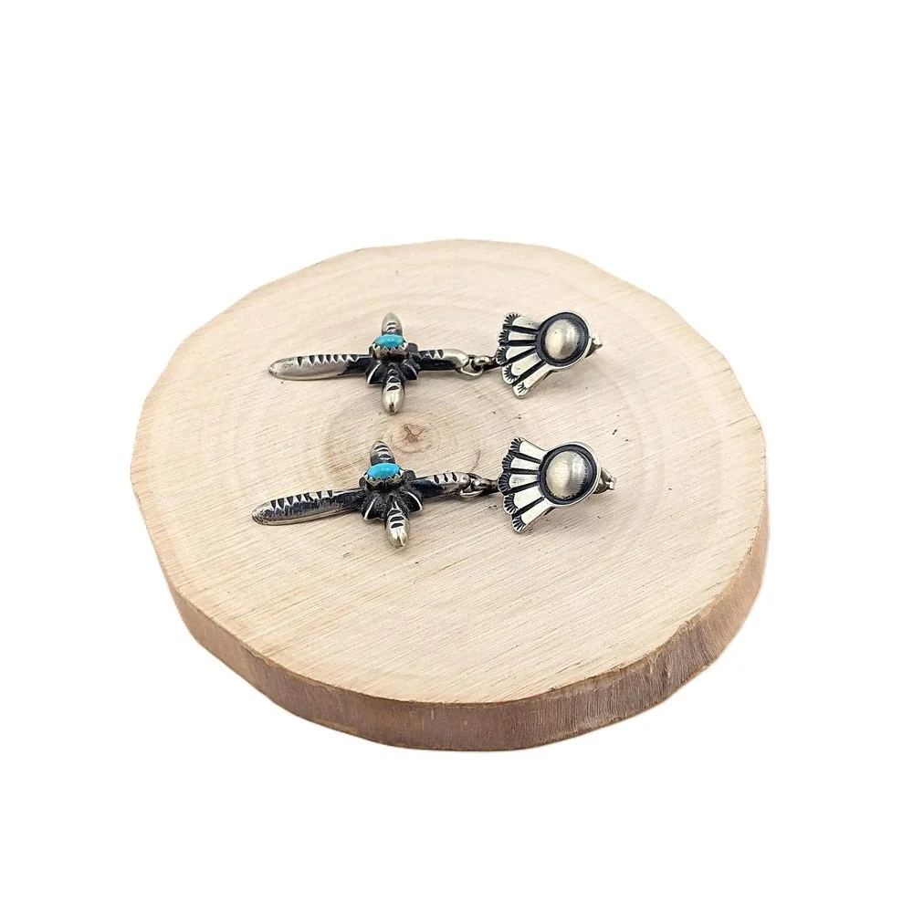 Native Am Earrings Navajo‎ Iodize Sterling Silver Cross Turquoise Jewelry**